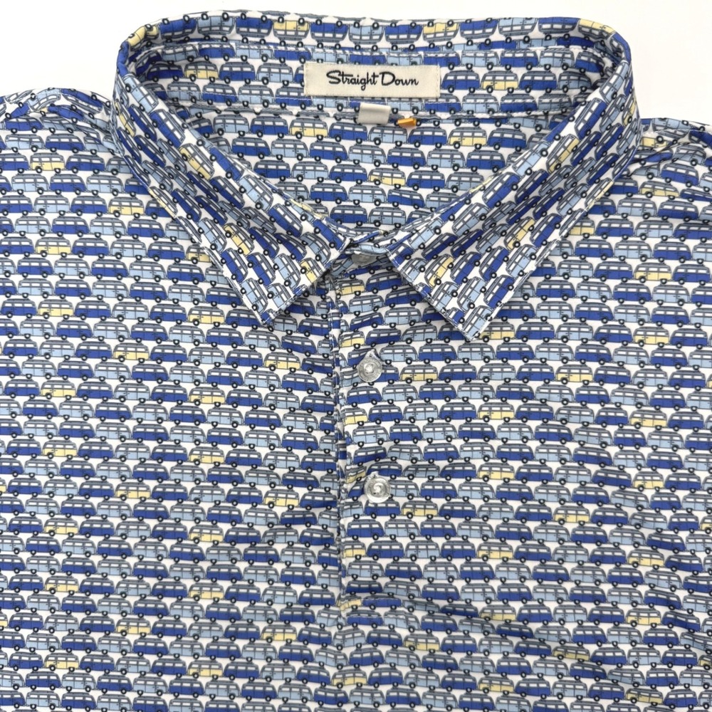 Straight Down Polo Shirt Mens XXL Blue VW Bus Novelty Print Performance Golf Top